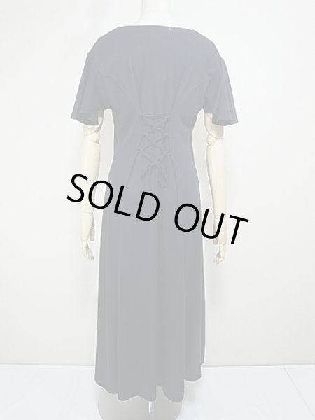 画像3: 80〜90's CAROLYN TAYLOR 前開き ウエスト レースアップ フレア スリーブ ブラック ワンピース ドレス  (3)