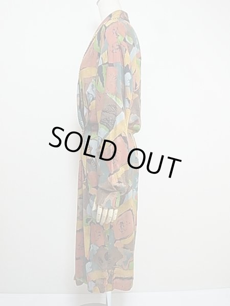 画像3: ROBBIE BEE 総柄 ショールカラー ハンドステッチ ラップ ワンピース (3)