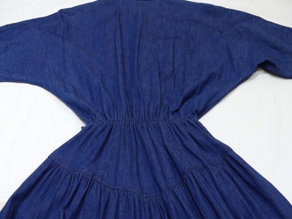 画像12: USA製 80s FRENZY ダンガリー デニム ドルマンスリーブ ヨークスカート 切り替え ワンピース (12)
