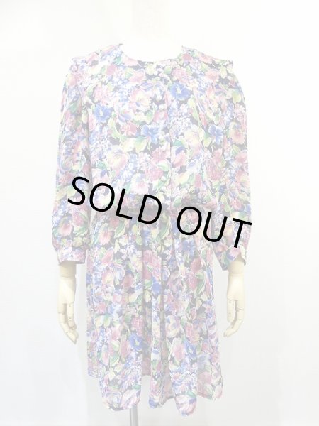 画像2: USA製 80's LISA PETITES 花柄 シフォン風 ノーカラー ワンピース (2)