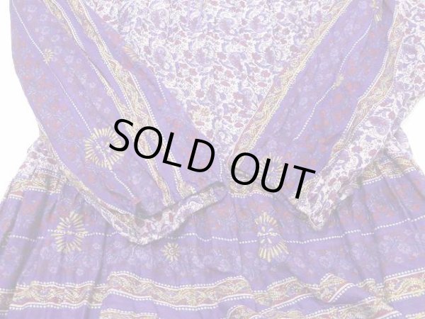 画像11: パキスタン製 70s ビンテージ Chambeli りぼんベルト付き インド綿 ゴールドスタンプ ワンピース ドレス (11)