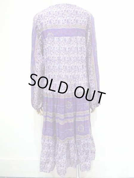 画像6: パキスタン製 70s ビンテージ Chambeli りぼんベルト付き インド綿 ゴールドスタンプ ワンピース ドレス (6)