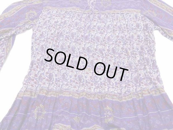 画像10: パキスタン製 70s ビンテージ Chambeli りぼんベルト付き インド綿 ゴールドスタンプ ワンピース ドレス (10)