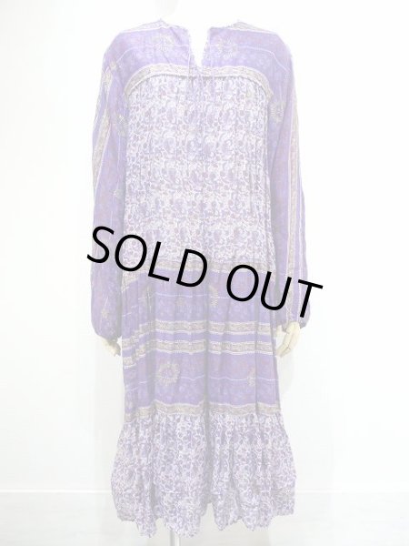 画像4: パキスタン製 70s ビンテージ Chambeli りぼんベルト付き インド綿 ゴールドスタンプ ワンピース ドレス (4)