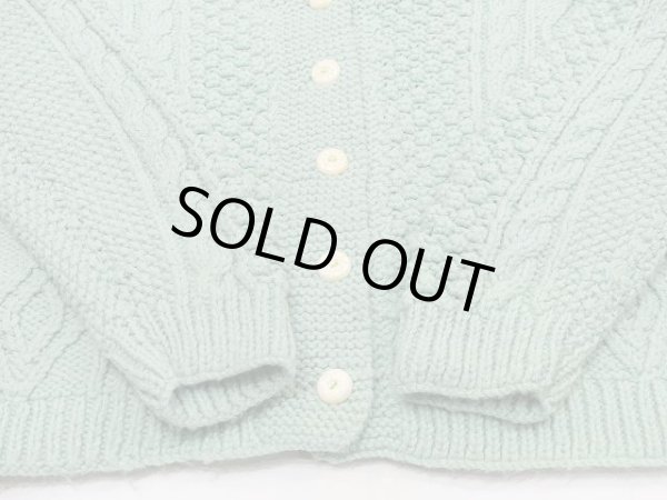 画像6:  ビンテージ ケーブル編み エメラルドグリーン アラン ニット カーディガン セーター (6)