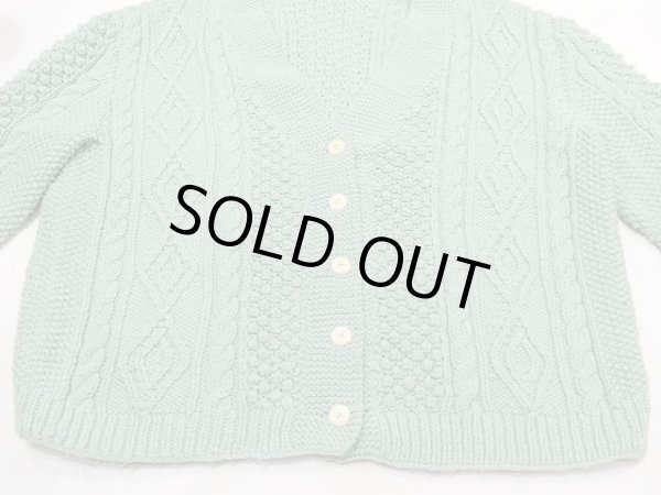 画像5:  ビンテージ ケーブル編み エメラルドグリーン アラン ニット カーディガン セーター (5)