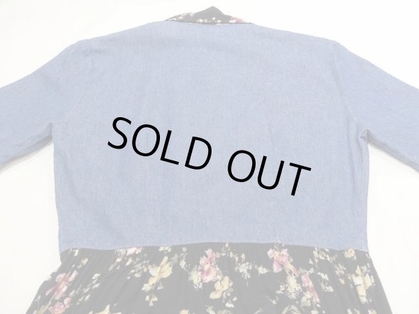 画像9: USA製 アメリカ 90s CALIFORNIA KURUSH バイカラー 切り替え 花柄 前開き デニム ワンピース ドレス (9)