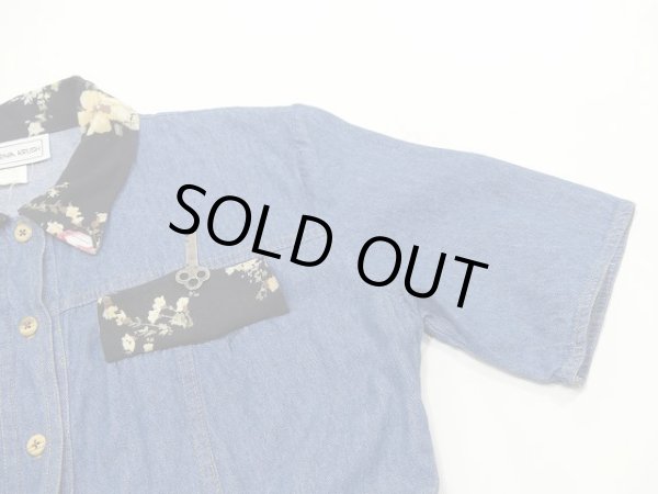 画像5: USA製 アメリカ 90s CALIFORNIA KURUSH バイカラー 切り替え 花柄 前開き デニム ワンピース ドレス (5)