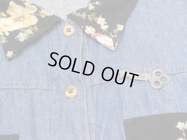 画像6: USA製 アメリカ 90s CALIFORNIA KURUSH バイカラー 切り替え 花柄 前開き デニム ワンピース ドレス (6)