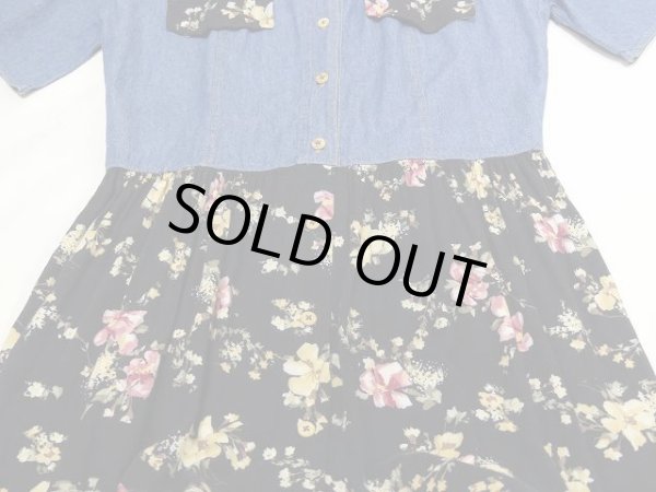 画像7: USA製 アメリカ 90s CALIFORNIA KURUSH バイカラー 切り替え 花柄 前開き デニム ワンピース ドレス (7)