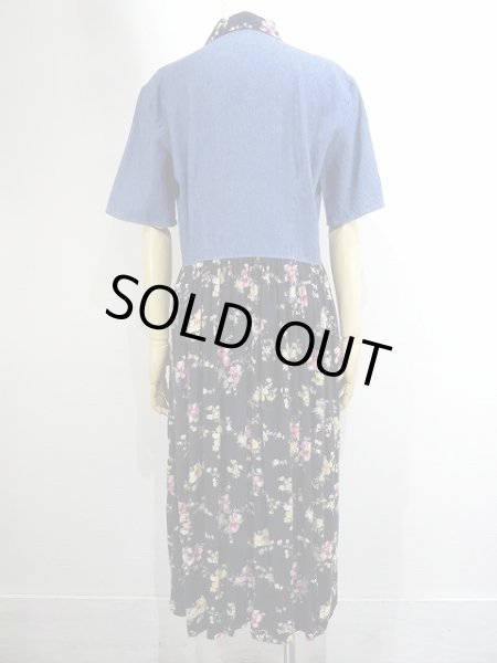 画像3: USA製 アメリカ 90s CALIFORNIA KURUSH バイカラー 切り替え 花柄 前開き デニム ワンピース ドレス (3)