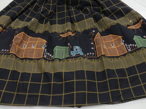 画像7: 50s ビンテージ 風景 プリント マーガレット 格子柄 ボックス プリーツ コットン フレア スカート  (7)