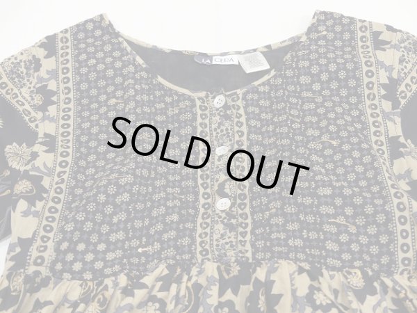 画像7: DEAD STOCK 未使用 ？ ビンテージ LA CERA インド綿 花柄 ゴールドスタンプ エスニック ショートスリーブ ワンピース (7)