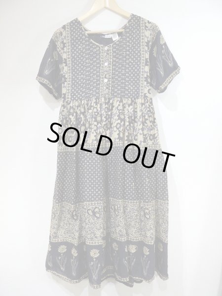 画像4: DEAD STOCK 未使用 ？ ビンテージ LA CERA インド綿 花柄 ゴールドスタンプ エスニック ショートスリーブ ワンピース (4)