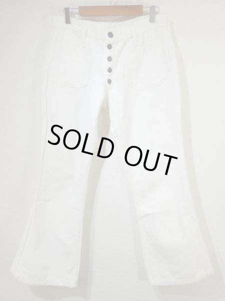 画像4: 70s ビンテージ 前ボタン フレア ベルボトム ホワイト デニム ヒップハング セーラー パンツ (4)