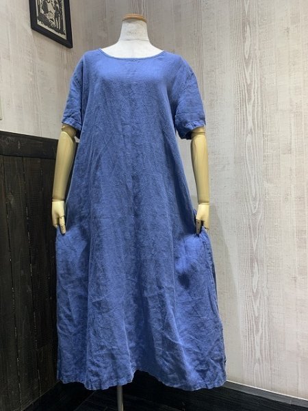 画像1: USA製 90s SUNBELT DULL BLUE リネン ポケット 付き チュニック ワンピース ドレス  (1)