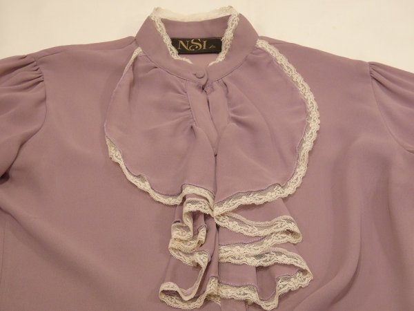 画像7: 70s ビンテージ NSL マオカラー レース フリル ラベンダー ブラウス (7)