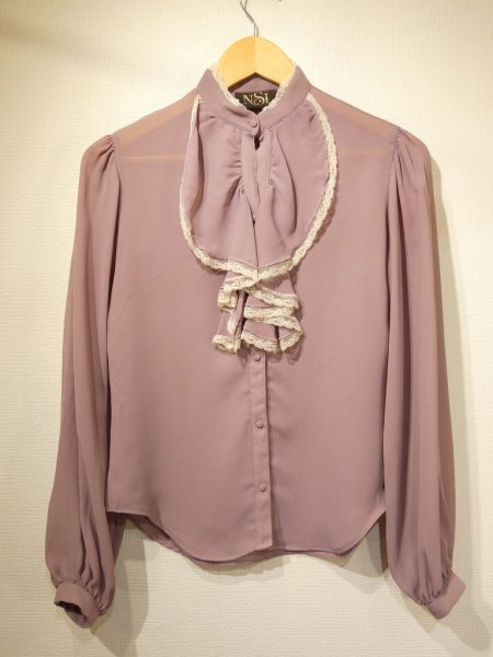 画像4: 70s ビンテージ NSL マオカラー レース フリル ラベンダー ブラウス (4)