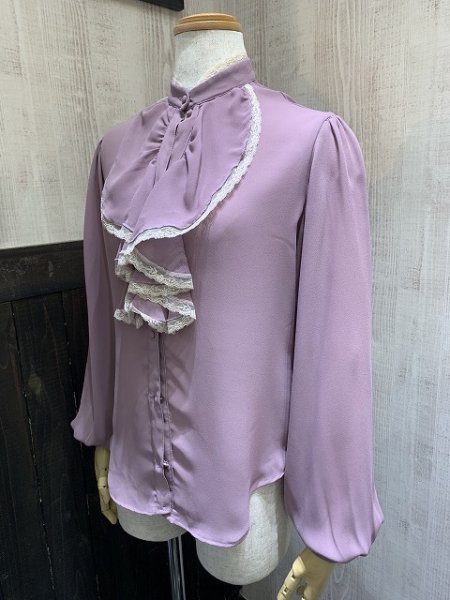 画像2: 70s ビンテージ NSL マオカラー レース フリル ラベンダー ブラウス (2)