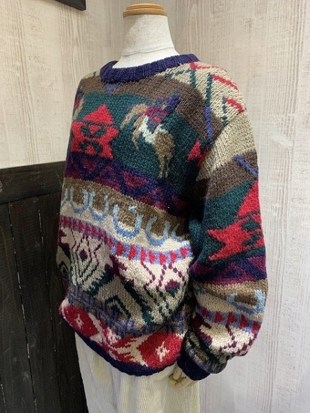 画像2: 80s 90s Arbor way 乗馬 ネイティブ 幾何学模様  総柄 ウール ニット セーター (2)