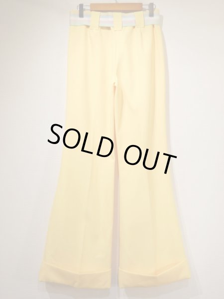 画像5: 70s ビンテージ UNKNOWN ベルト付き パステル イエロー フレア パンツ スラックス (5)
