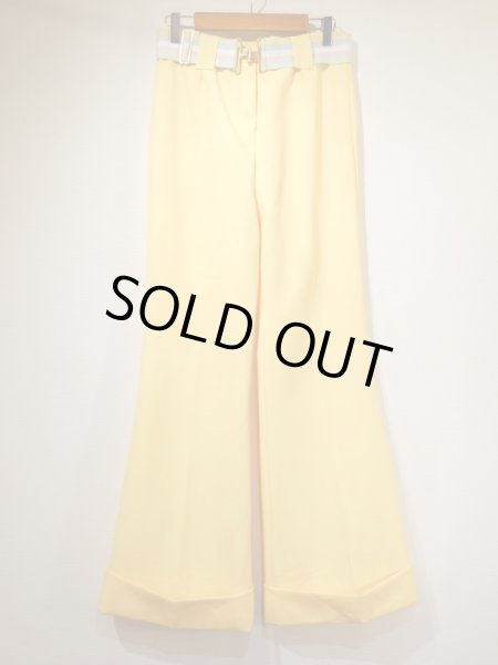 画像4: 70s ビンテージ UNKNOWN ベルト付き パステル イエロー フレア パンツ スラックス (4)