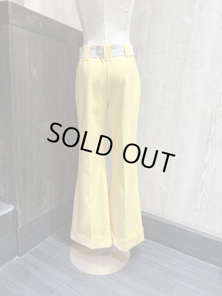 画像3: 70s ビンテージ UNKNOWN ベルト付き パステル イエロー フレア パンツ スラックス (3)