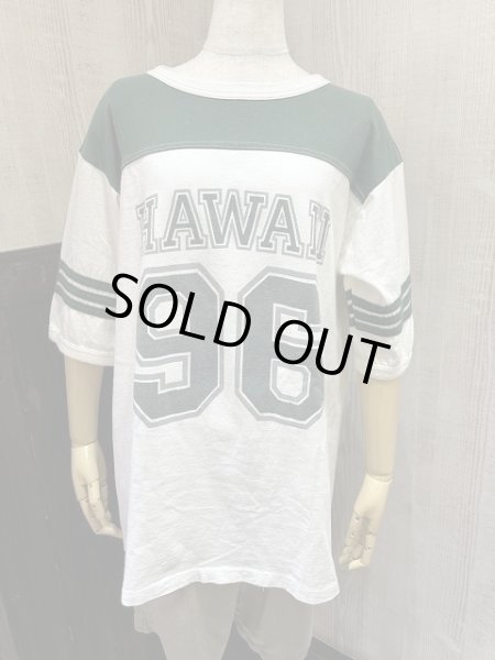 画像1: USA製 90s Alore HAWAII 染み込みプリント  バイカラー スーベニア フットボール Tシャツ (1)