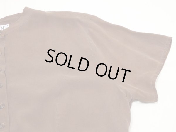 画像8: 90s STUNT バンドカラー チョコレート ブラウン シルク ブラウス  S/S シャツ (8)