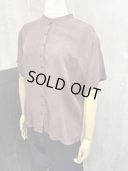 画像2: 90s STUNT バンドカラー チョコレート ブラウン シルク ブラウス  S/S シャツ (2)