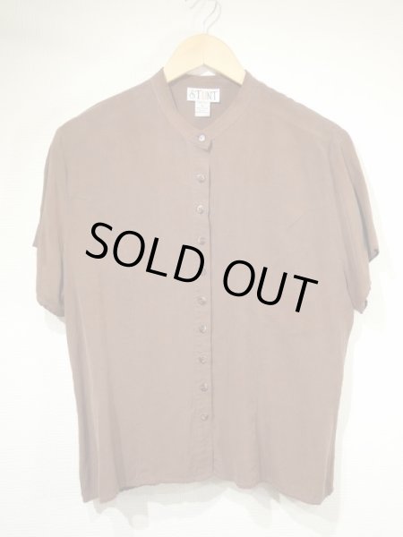 画像4: 90s STUNT バンドカラー チョコレート ブラウン シルク ブラウス  S/S シャツ (4)