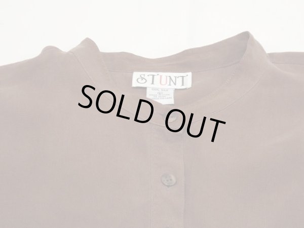 画像7: 90s STUNT バンドカラー チョコレート ブラウン シルク ブラウス  S/S シャツ (7)