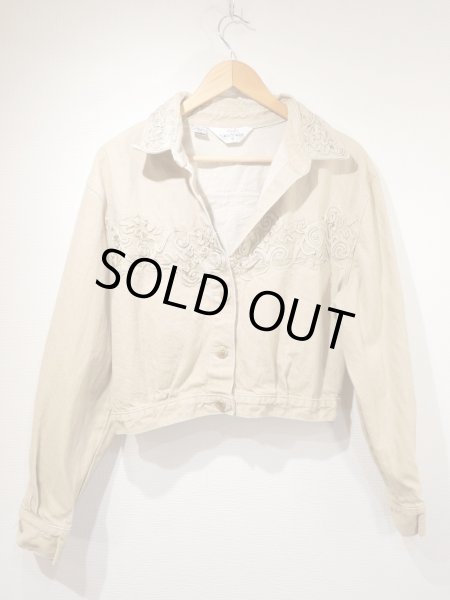 画像4: USA製 80s ビンテージ LORRAINE WARDY エンブロイダリー コード刺繍 クロップド丈 ベージュ デニム ショート ジャケット (4)