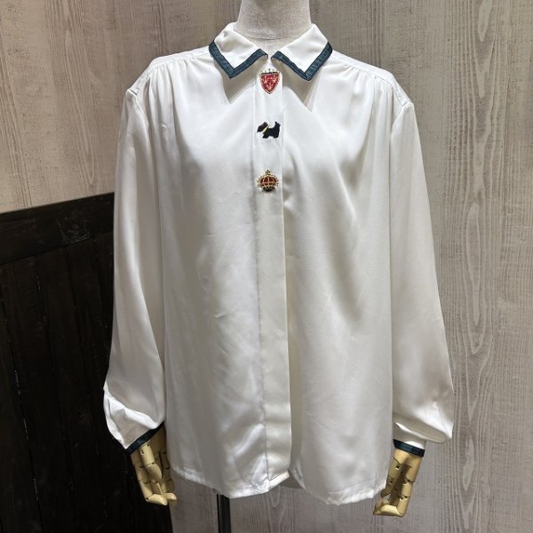 画像1: 80s 90s KORET エンブロイダリー ブレード エンブレム オープンカラー フライフロント 比翼 ブラウス (1)