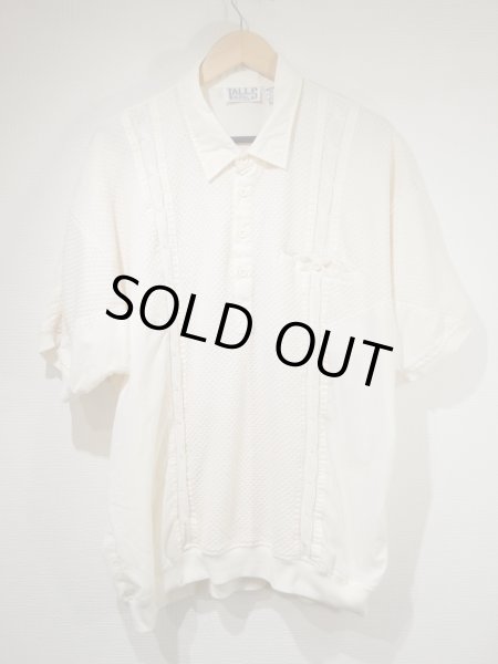 画像3: 80s 90s TALLS 生成り コットン ニット ポリエステル 異素材 切り替え デザイン リブ ポロシャツ (3)