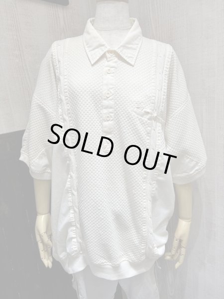 画像1: 80s 90s TALLS 生成り コットン ニット ポリエステル 異素材 切り替え デザイン リブ ポロシャツ (1)