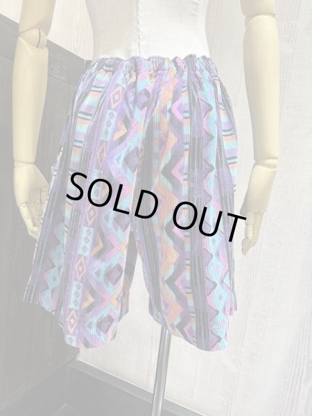 画像2: 80s 90s エスニック 幾何学模様 コーデュロイ ウエストゴム イージー ショート パンツ ショーツ (2)