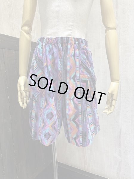 画像1: 80s 90s エスニック 幾何学模様 コーデュロイ ウエストゴム イージー ショート パンツ ショーツ (1)