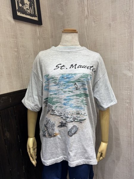 画像1: 90s Sailing バイカラー セントマーチン島 スーベニア プリント 風景画 Tシャツ (1)