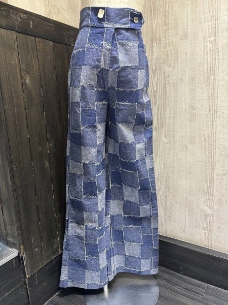 画像1: DEAD STOCK 70s ビンテージ Sears パッチワーク テキスタイル ライト オンス フレア デニム パンツ (1)
