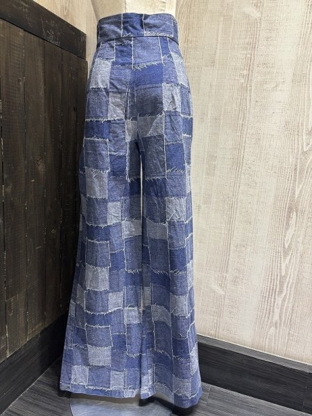 画像2: DEAD STOCK 70s ビンテージ Sears パッチワーク テキスタイル ライト オンス フレア デニム パンツ (2)