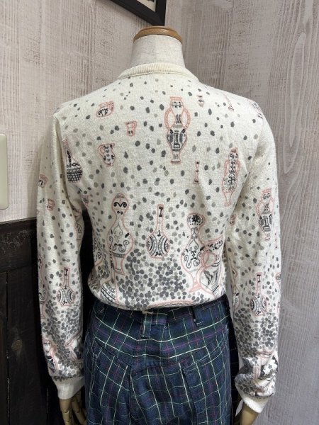 画像2: 50s ビンテージ グレー×ピンク グレピン 花瓶 総柄 ショート丈 ニット カーディガン (2)