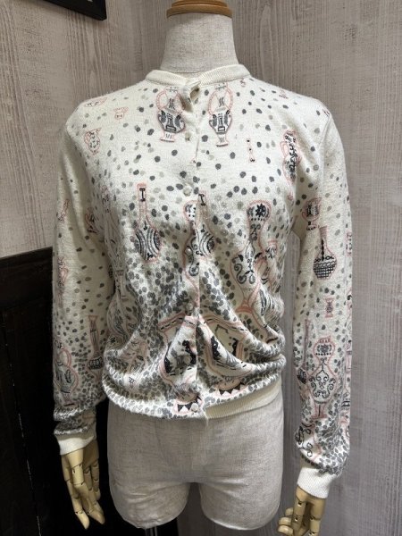 画像1: 50s ビンテージ グレー×ピンク グレピン 花瓶 総柄 ショート丈 ニット カーディガン (1)