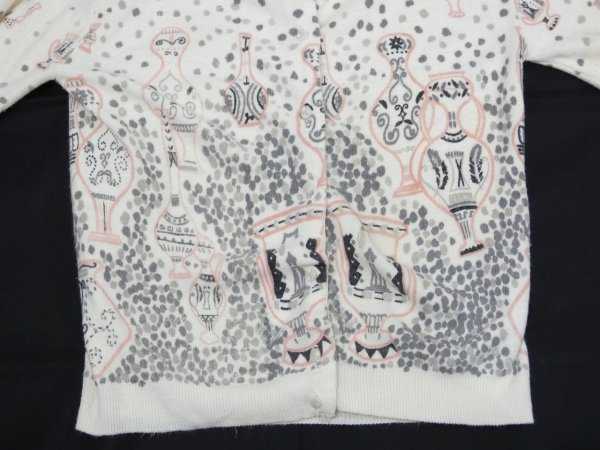 画像7: 50s ビンテージ グレー×ピンク グレピン 花瓶 総柄 ショート丈 ニット カーディガン (7)