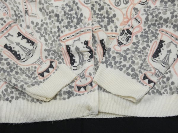 画像9: 50s ビンテージ グレー×ピンク グレピン 花瓶 総柄 ショート丈 ニット カーディガン (9)