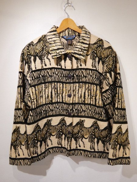 画像3: 90s SKAVER LAKE ZEBRA シマウマ ゼブラ アニマル ゴブラン織り ラグ ブランケット ショート丈 クロップド ジャケット  (3)