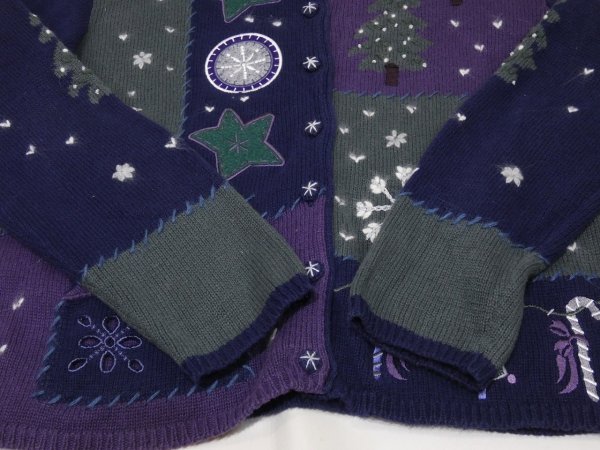 画像9: 90s North Crest 総柄模様 景色柄 もみの木 くるみボタン ニット セーター カーディガン (9)