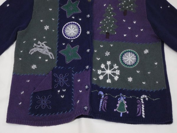 画像7: 90s North Crest 総柄模様 景色柄 もみの木 くるみボタン ニット セーター カーディガン (7)