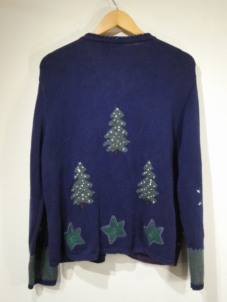 画像4: 90s North Crest 総柄模様 景色柄 もみの木 くるみボタン ニット セーター カーディガン (4)