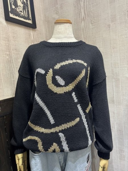 画像1: DEAD STOCK 未使用 80s 90s Sweater Bee ゴールド シルバー プリント コットン ニット セーター (1)